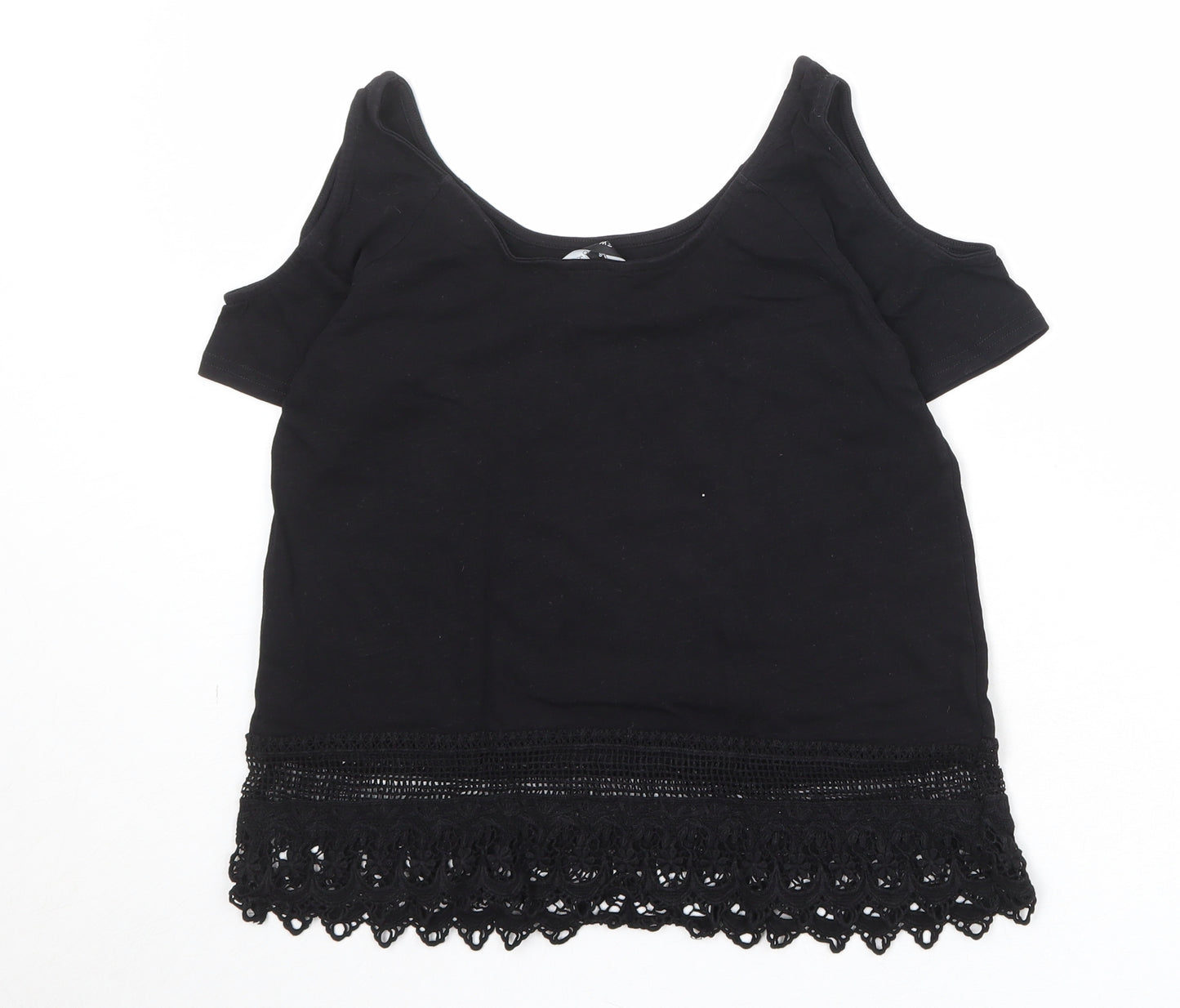 New Look Womens Black Herringbone 100% Cotton Basic Blouse Size 6 Round Neck - Cold Shoulder, Lace Detail