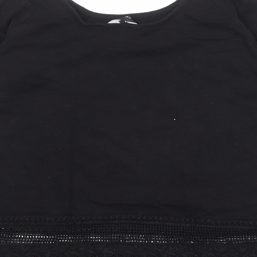 New Look Womens Black Herringbone 100% Cotton Basic Blouse Size 6 Round Neck - Cold Shoulder, Lace Detail