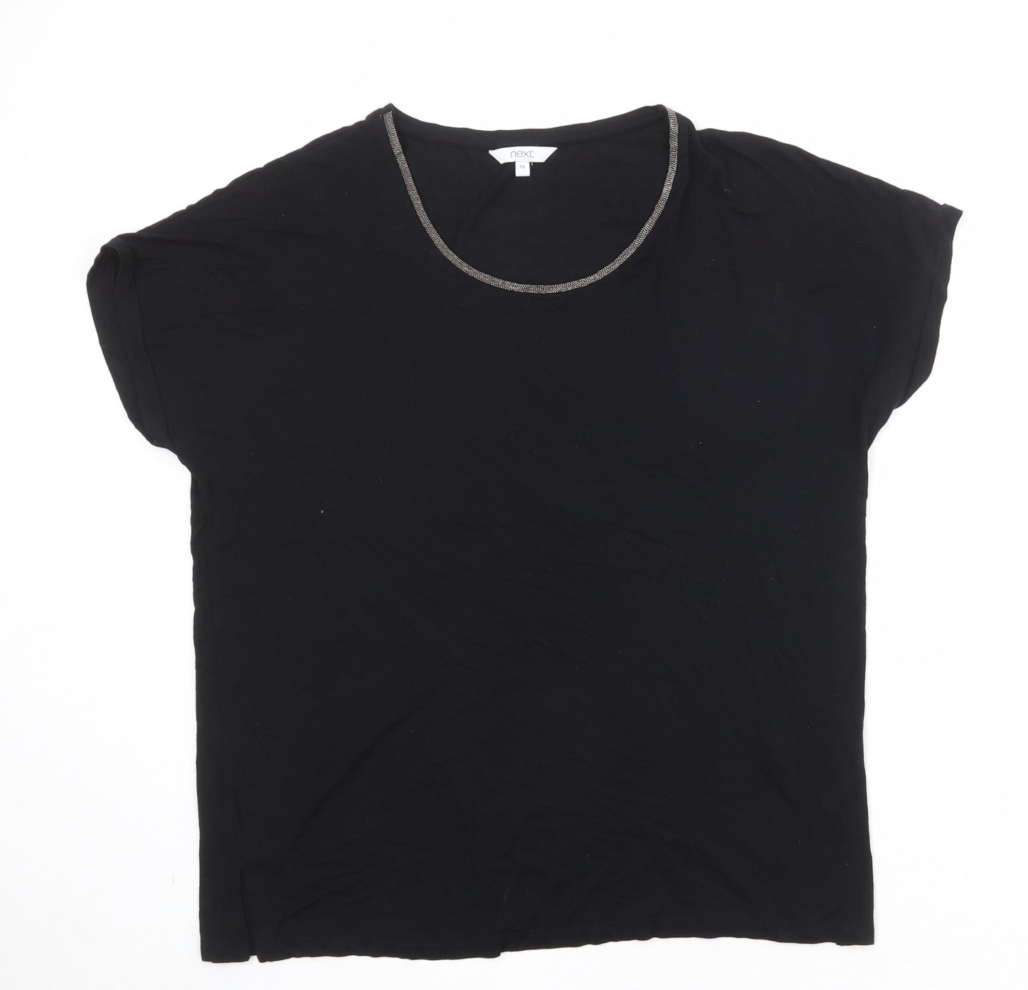 NEXT Womens Black Viscose Basic T-Shirt Size 12 Round Neck
