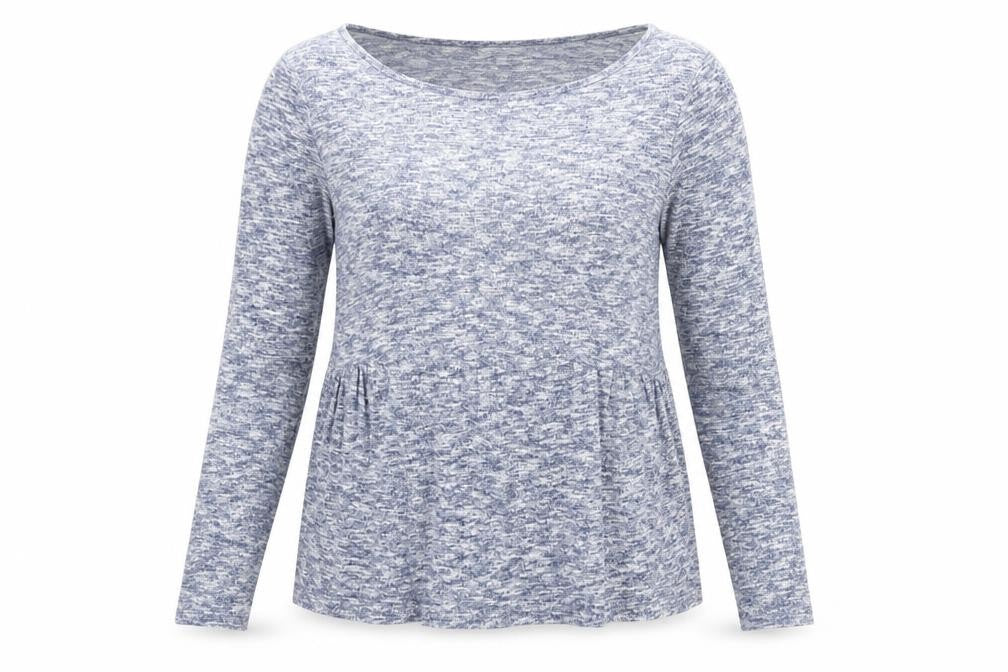 Front view of Deane & White women’s blue geometric viscose basic blouse, size S, round neck