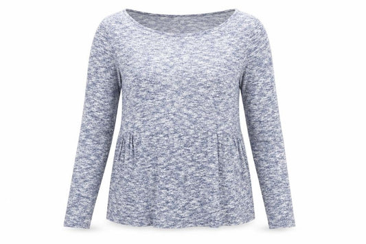 Front view of Deane & White women’s blue geometric viscose basic blouse, size S, round neck