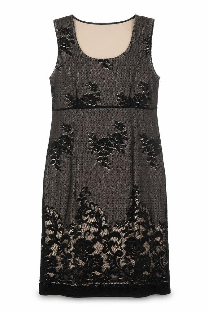 Front view of Etam women’s black polyester sheath, size UK 14, scoop neck pullover - lace overlay