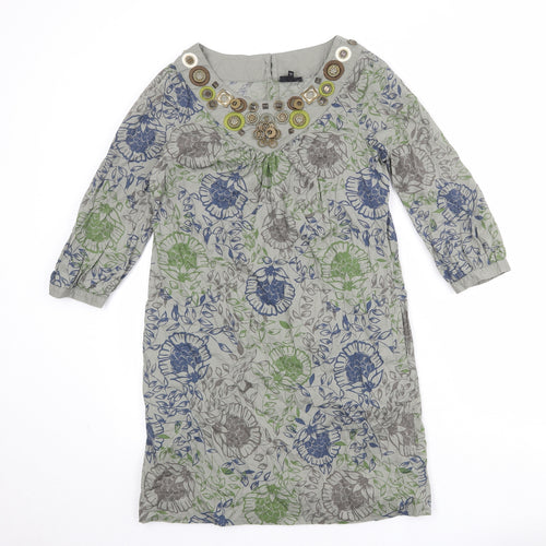 NEXT Womens Multicoloured Geometric 100% Cotton A-Line Size 10 Boat Neck Button - Embellished Neckline