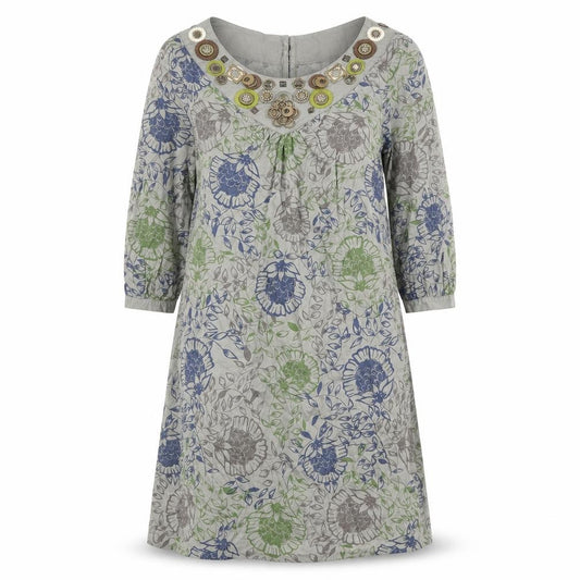 Front view of Next women’s multicoloured geometric 100% cotton a-line, size UK 10, boat neck button - embellished neckline