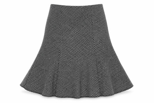 Front view of Wallis women’s black geometric polyester swing skirt, size UK 10, zip