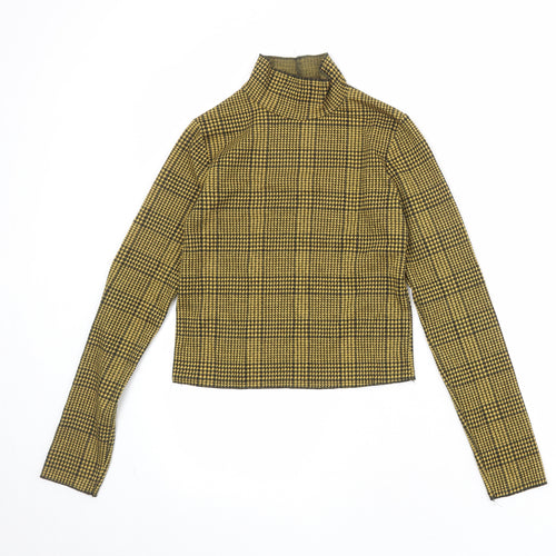 Bershka Womens Yellow Check Polyester Basic T-Shirt Size S High Neck