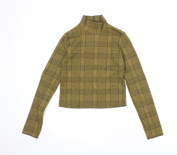 Bershka Womens Yellow Check Polyester Basic T-Shirt Size S High Neck