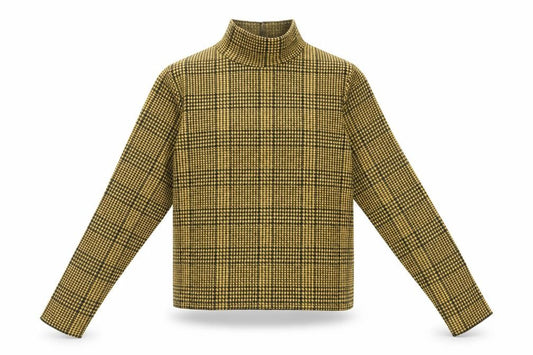 Front view of Bershka women’s yellow check polyester basic t-shirt, size S, high neck