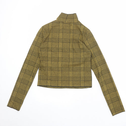 Bershka Womens Yellow Check Polyester Basic T-Shirt Size S High Neck