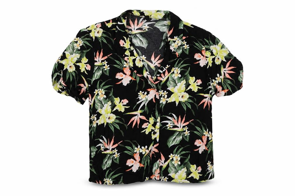 Front view of Divided by H&M women’s multicoloured floral viscose basic button-up, size UK 4, collared