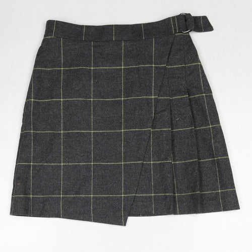 Marks and Spencer Womens Grey Check Wool A-Line Skirt Size 8 Zip