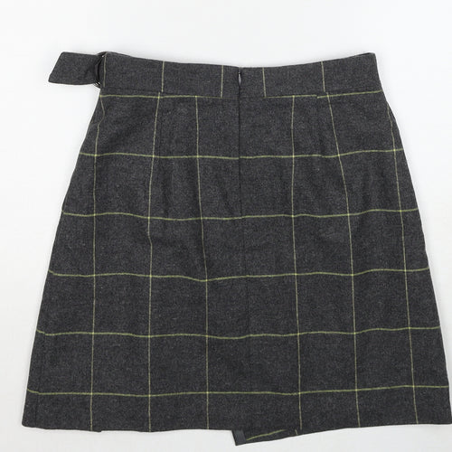 Marks and Spencer Womens Grey Check Wool A-Line Skirt Size 8 Zip