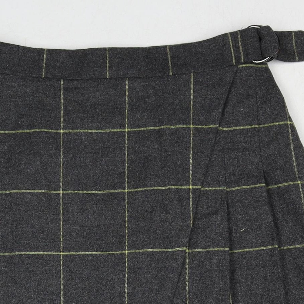 Marks and Spencer Womens Grey Check Wool A-Line Skirt Size 8 Zip