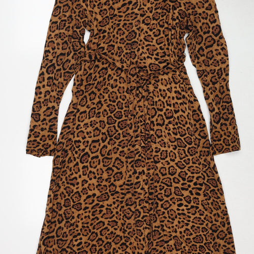 H&M Womens Brown Animal Print Viscose Shirt Dress Size M Collared Button - Leopard Pattern
