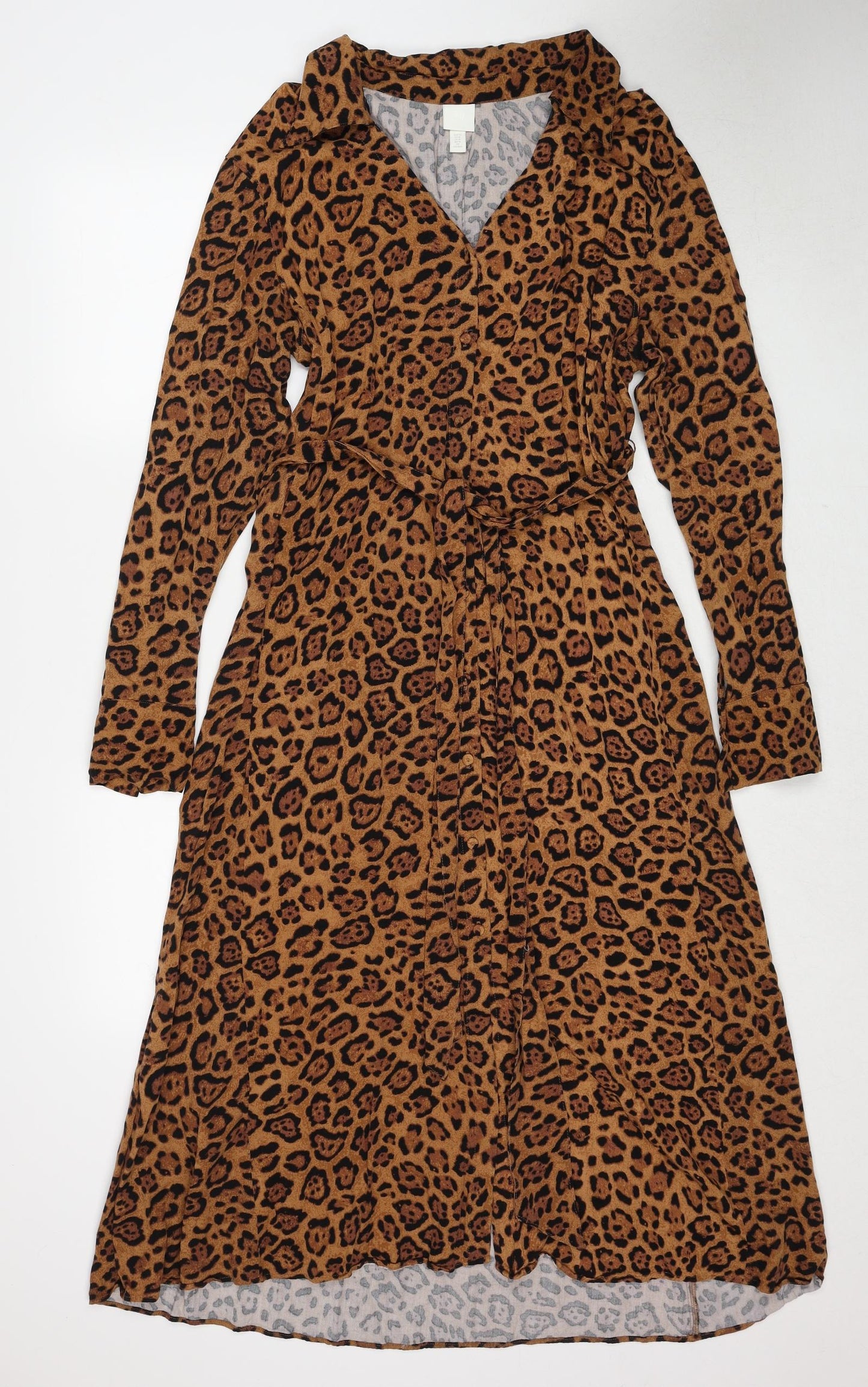 H&M Womens Brown Animal Print Viscose Shirt Dress Size M Collared Button - Leopard Pattern