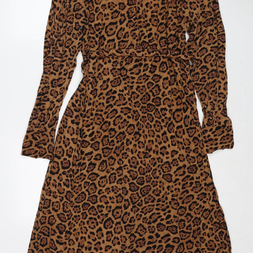 H&M Womens Brown Animal Print Viscose Shirt Dress Size M Collared Button - Leopard Pattern