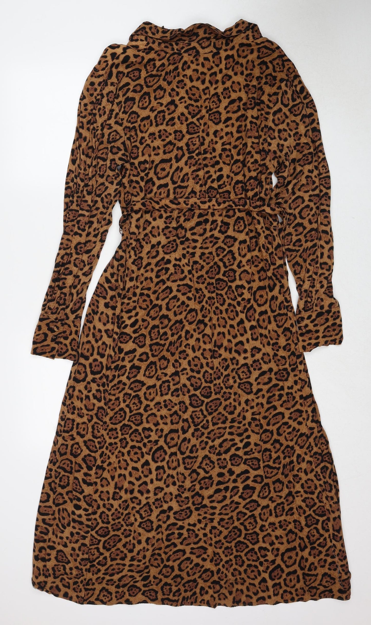 H&M Womens Brown Animal Print Viscose Shirt Dress Size M Collared Button - Leopard Pattern