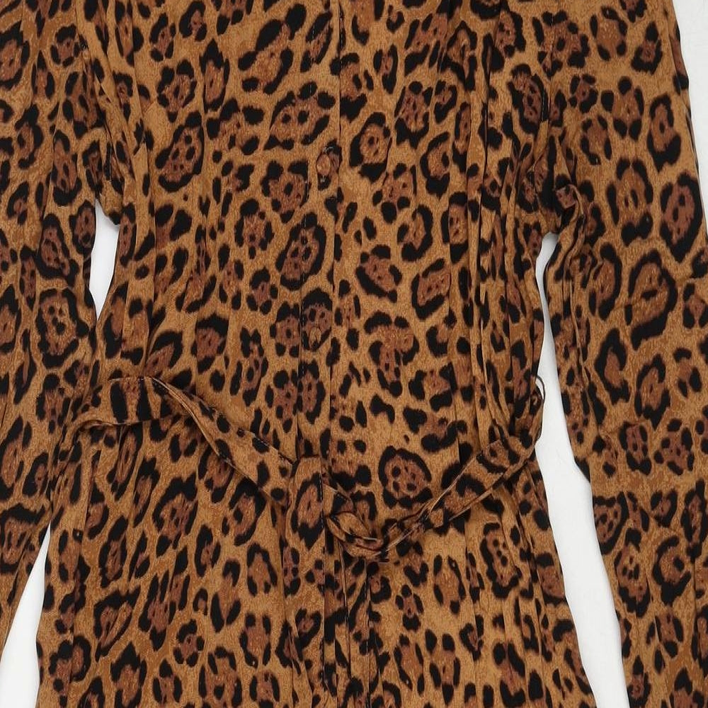 H&M Womens Brown Animal Print Viscose Shirt Dress Size M Collared Button - Leopard Pattern