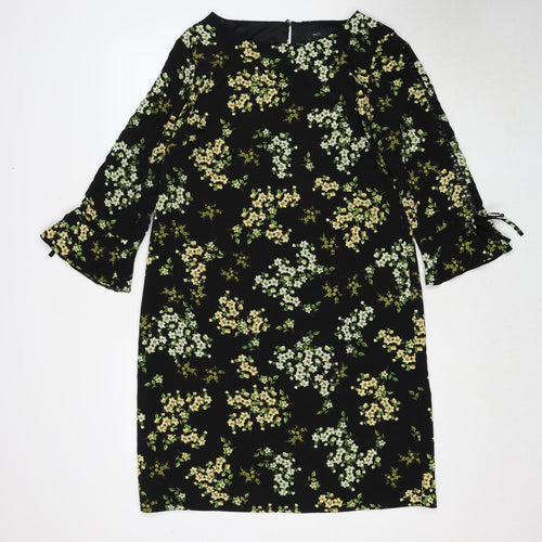 M&Co Womens Black Floral Polyester A-Line Size 12 Round Neck Button