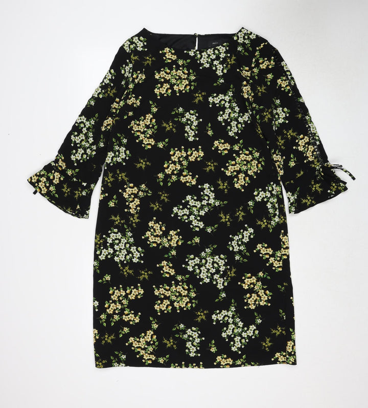 M&Co Womens Black Floral Polyester A-Line Size 12 Round Neck Button
