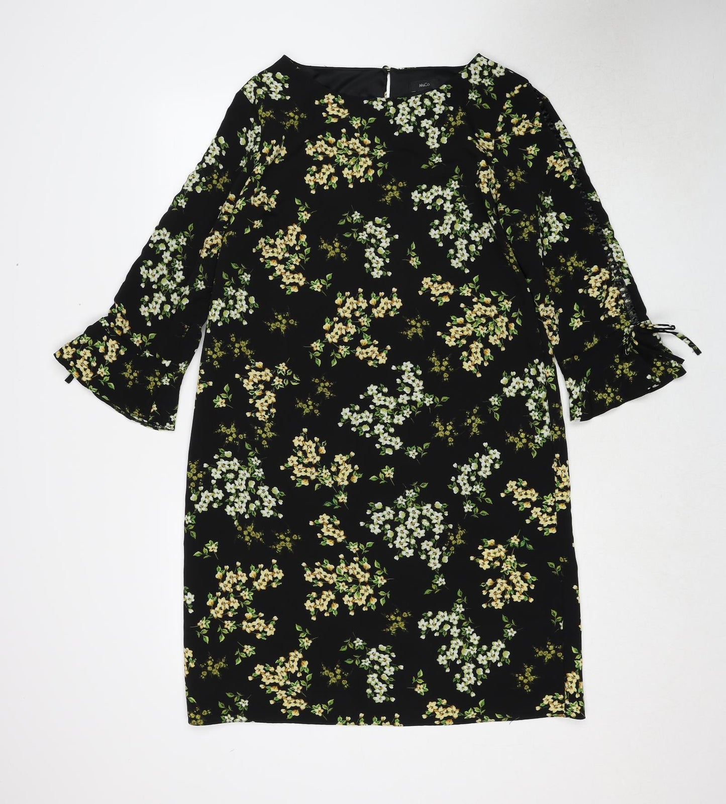 M&Co Womens Black Floral Polyester A-Line Size 12 Round Neck Button