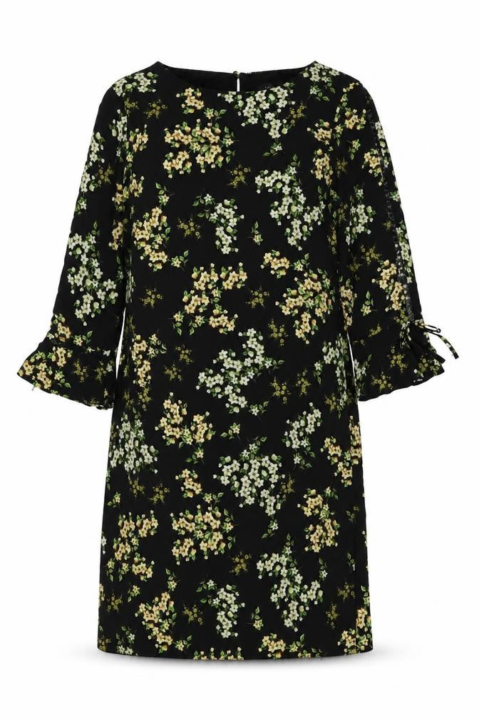 Front view of M&Co women’s black floral polyester a-line, size UK 12, round neck button
