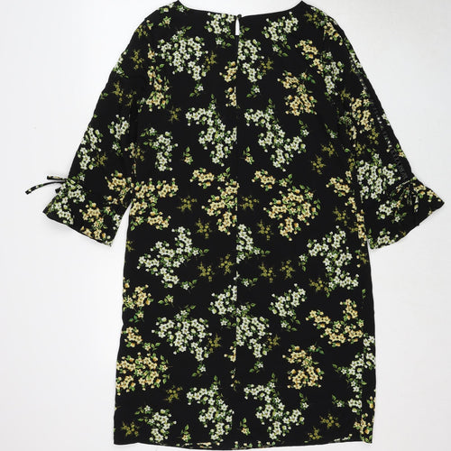 M&Co Womens Black Floral Polyester A-Line Size 12 Round Neck Button