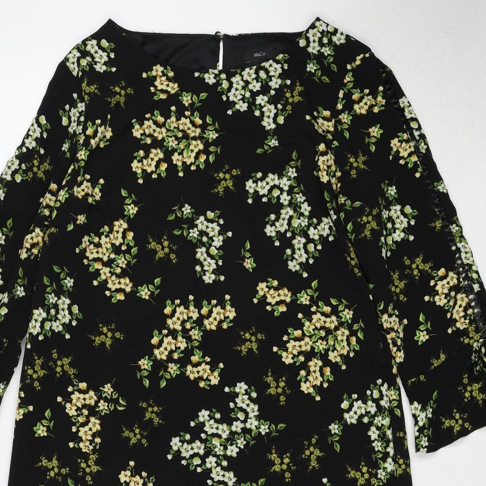 M&Co Womens Black Floral Polyester A-Line Size 12 Round Neck Button