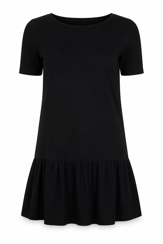 Front view of Paraphrase women’s black polyester skater dress, size S, round neck pullover