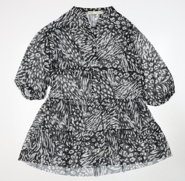 Oasis Womens Black Animal Print Polyester A-Line Size S V-Neck Drawstring - Sheer