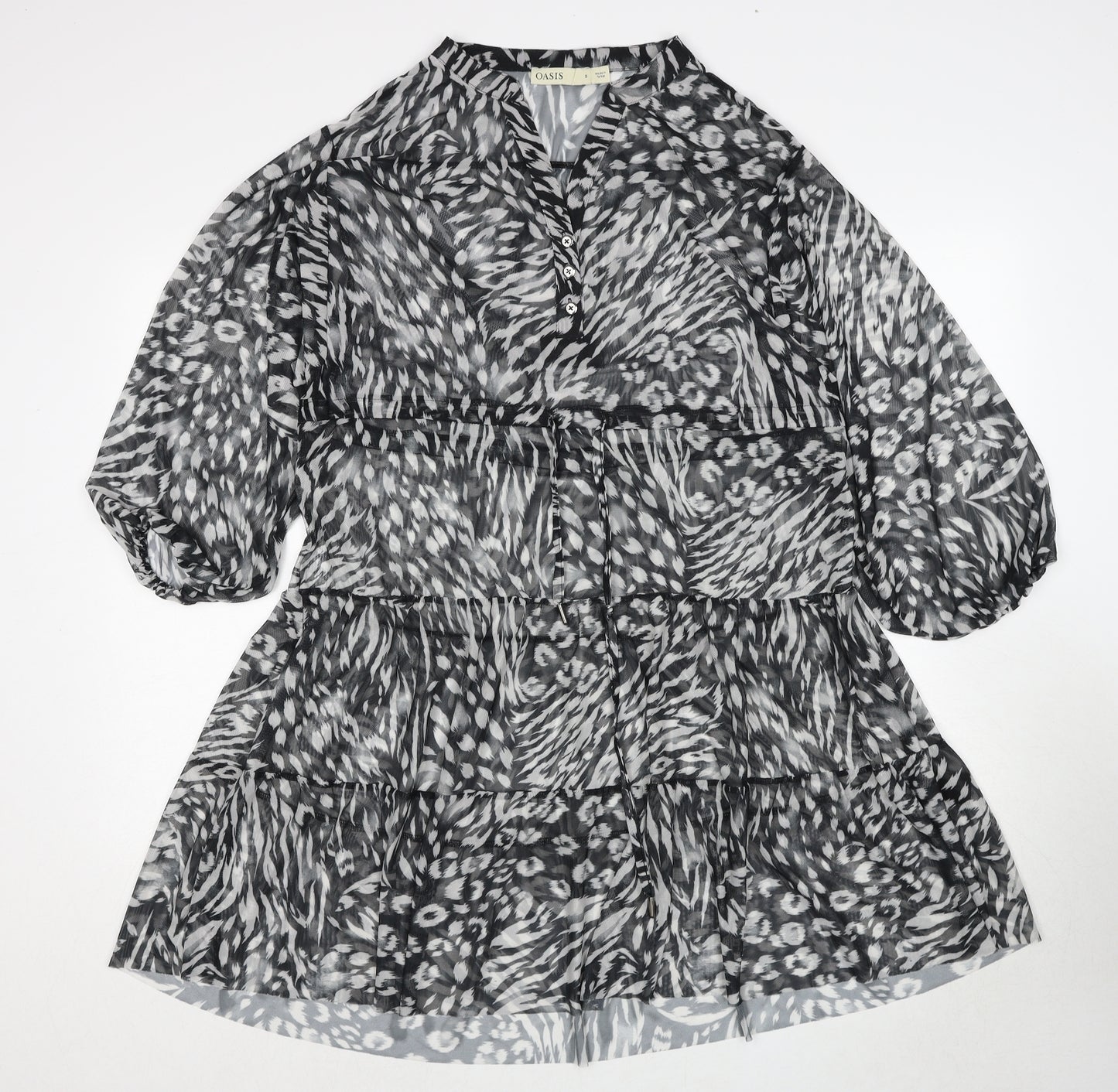 Oasis Womens Black Animal Print Polyester A-Line Size S V-Neck Drawstring - Sheer