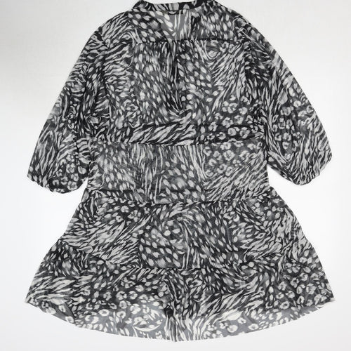 Oasis Womens Black Animal Print Polyester A-Line Size S V-Neck Drawstring - Sheer