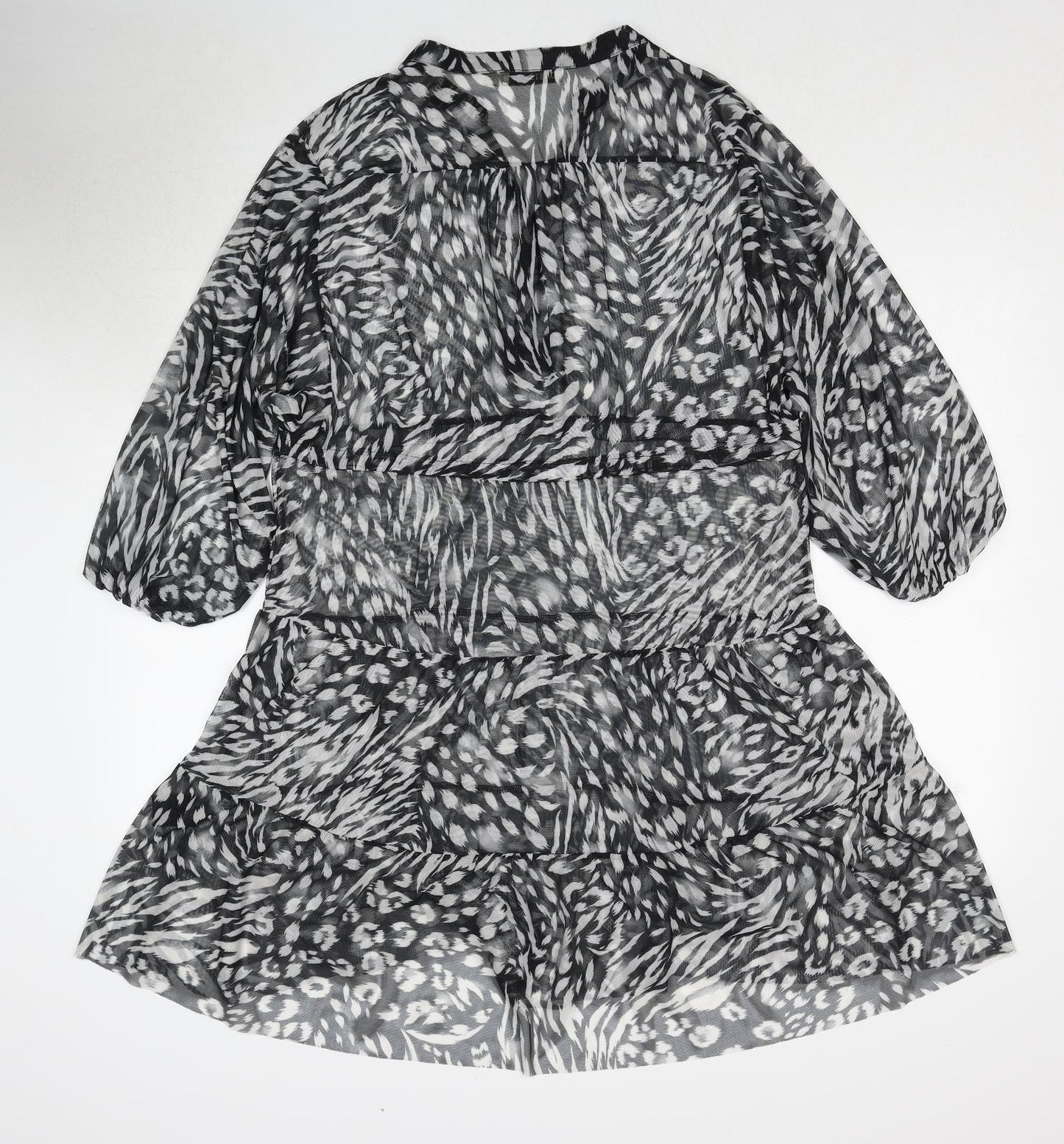 Oasis Womens Black Animal Print Polyester A-Line Size S V-Neck Drawstring - Sheer