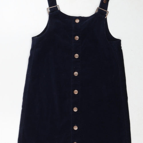 Marks and Spencer Girls Blue Cotton Pinafore/Dungaree Dress Size 8-9 Years Round Neck Buckle