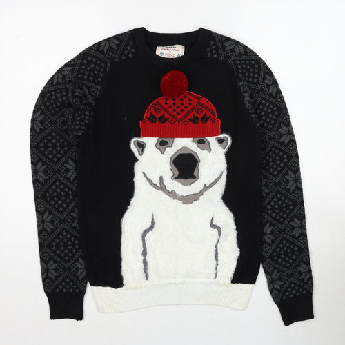 NEXT Mens Black Crew Neck Geometric Acrylic Pullover Jumper Size XS Long Sleeve - Polar Bear