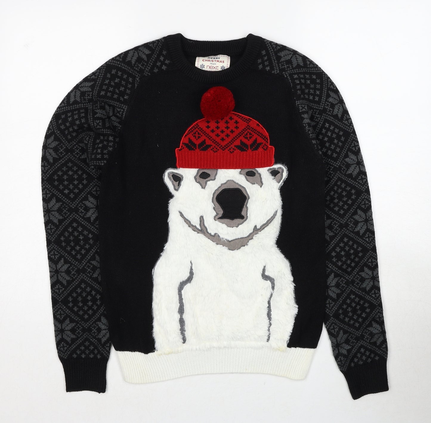 NEXT Mens Black Crew Neck Geometric Acrylic Pullover Jumper Size XS Long Sleeve - Polar Bear