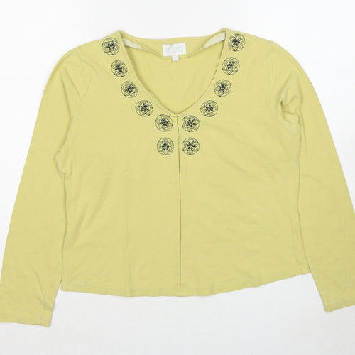 Offshoot Womens Yellow Cotton Basic T-Shirt Size L V-Neck