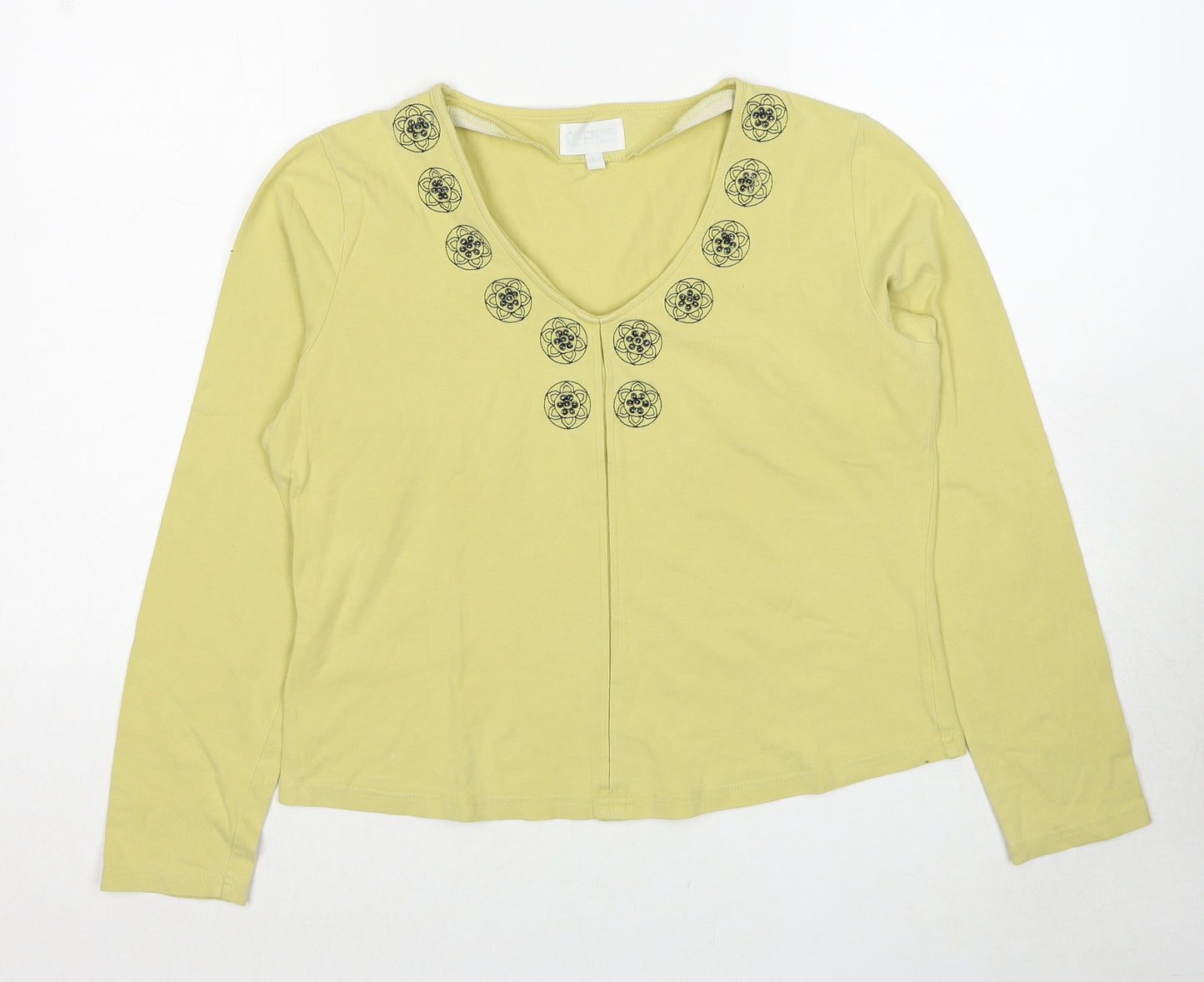 Offshoot Womens Yellow Cotton Basic T-Shirt Size L V-Neck