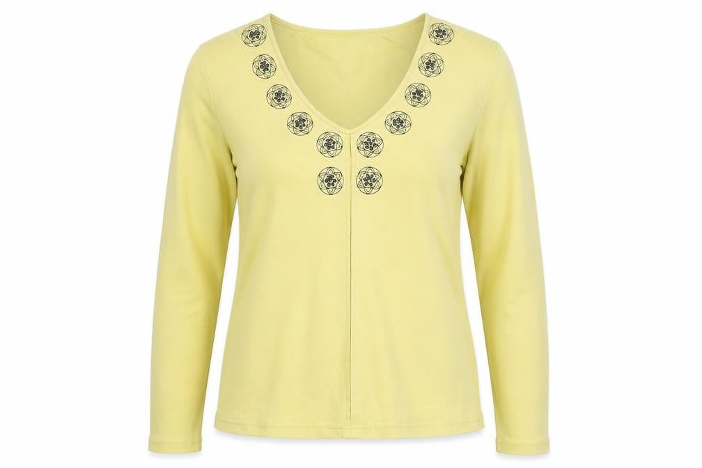 Front view of Offshoot women’s yellow cotton basic t-shirt, size L, v-neck