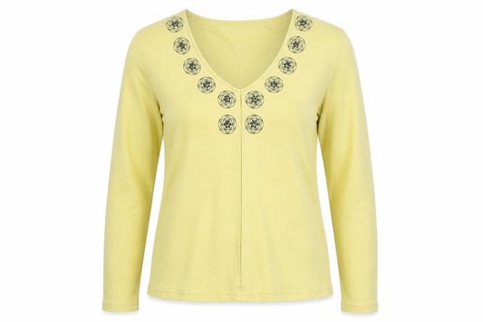 Front view of Offshoot women’s yellow cotton basic t-shirt, size L, v-neck