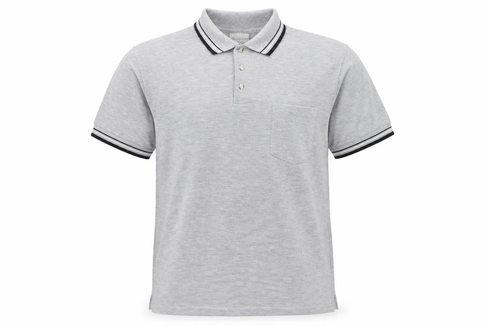 Front view of Best Basics men’s grey polyester polo, size L, collared pullover