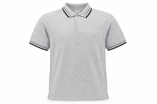 Front view of Best Basics men’s grey polyester polo, size L, collared pullover