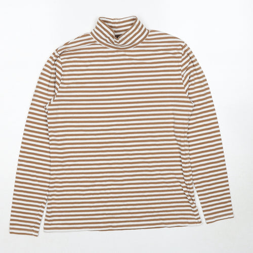 Marks and Spencer Womens Brown Striped Cotton Basic T-Shirt Size 14 High Neck