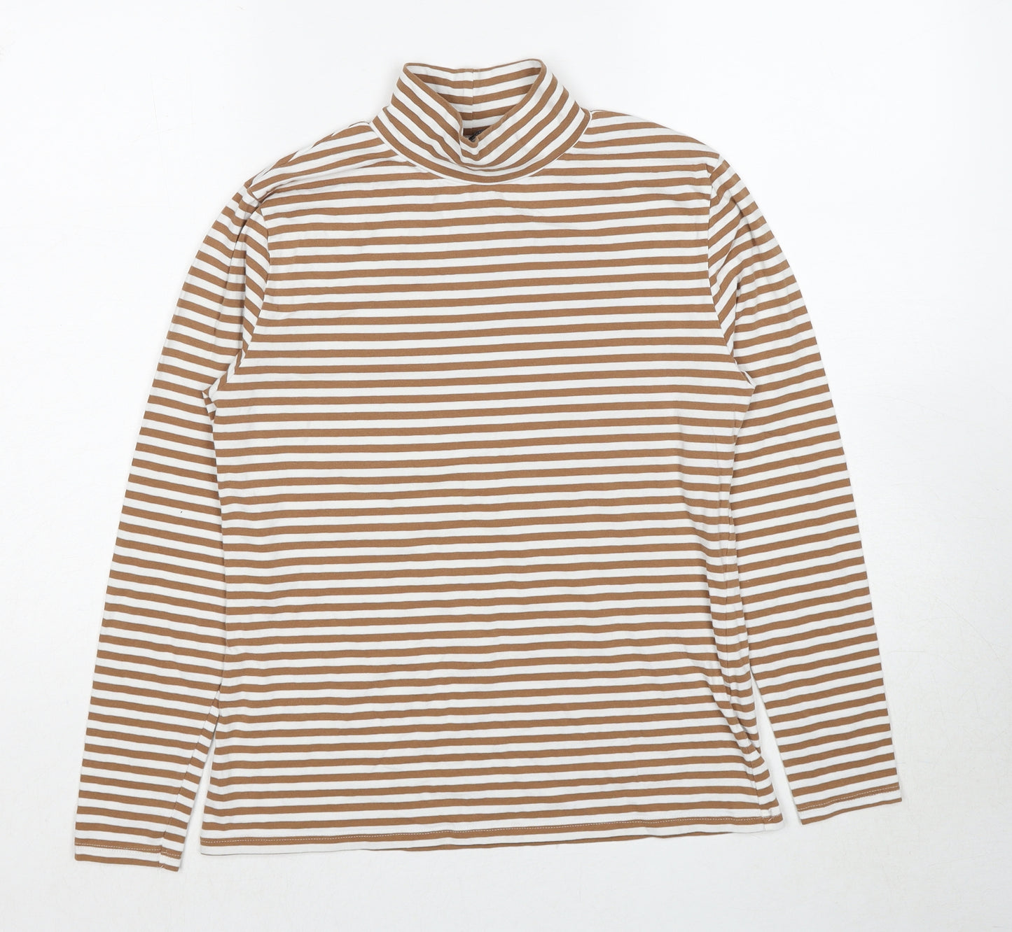 Marks and Spencer Womens Brown Striped Cotton Basic T-Shirt Size 14 High Neck