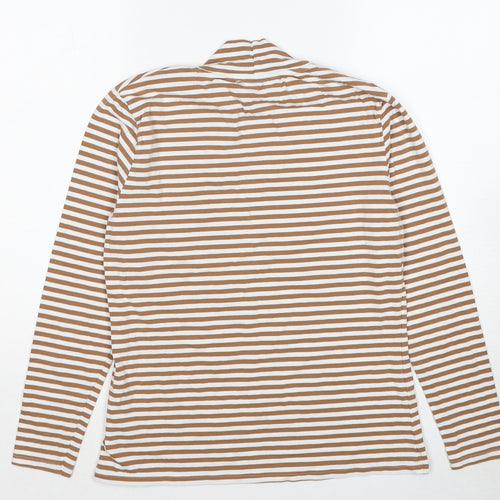 Marks and Spencer Womens Brown Striped Cotton Basic T-Shirt Size 14 High Neck