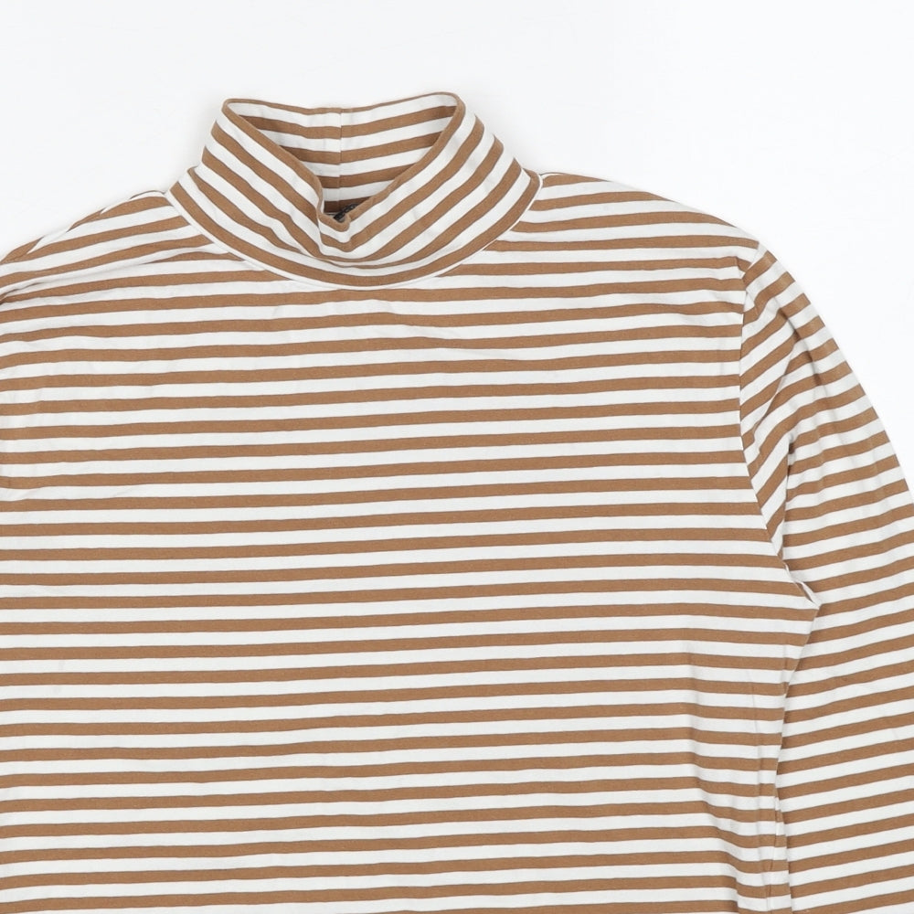 Marks and Spencer Womens Brown Striped Cotton Basic T-Shirt Size 14 High Neck