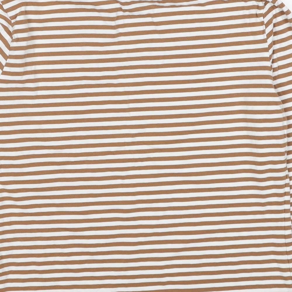 Marks and Spencer Womens Brown Striped Cotton Basic T-Shirt Size 14 High Neck