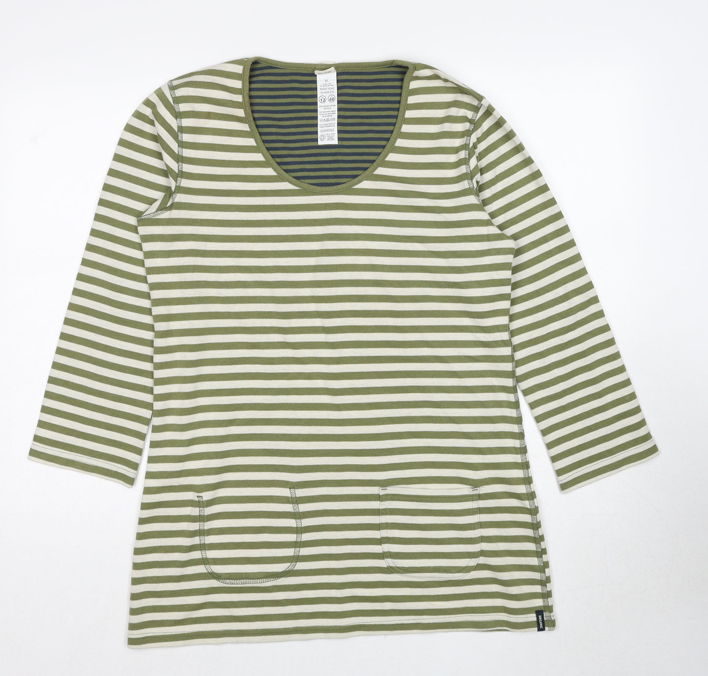 Seasalt Womens Green Striped Cotton Tunic T-Shirt Size 12 Round Neck - Pockets