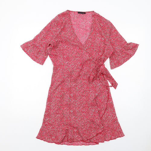 Wednesday's Girl Womens Red Polka Dot Polyester Wrap Dress Size S V-Neck Tie