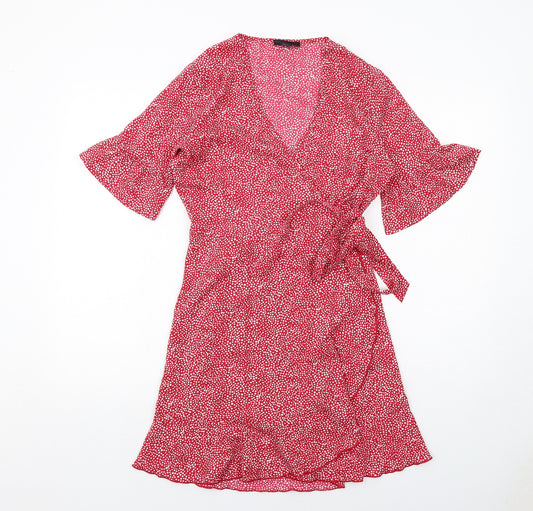 Wednesday's Girl Womens Red Polka Dot Polyester Wrap Dress Size S V-Neck Tie